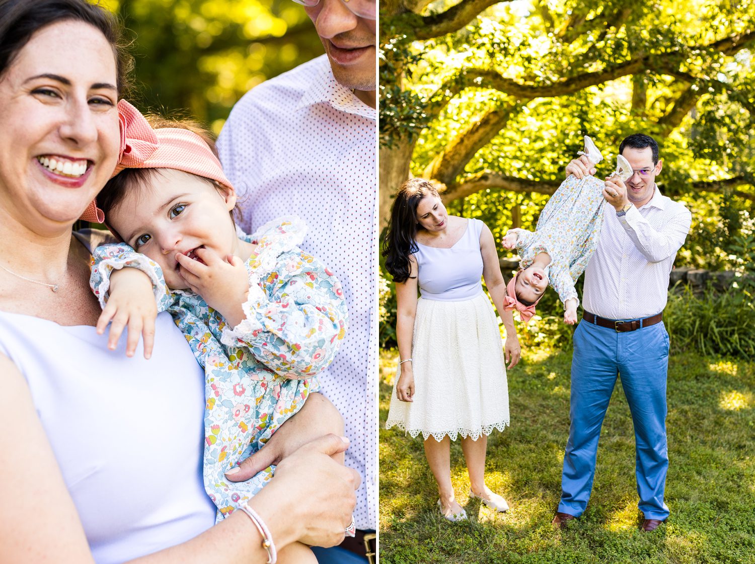 Candid photos of parents with their baby daughters for an outdoor family portrait session in NJ